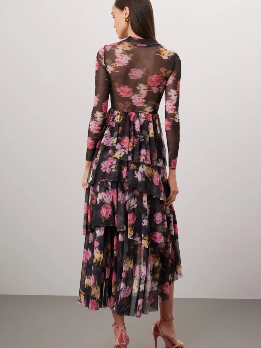 Ted Baker Sheer Floral Tiered Long-Sleeve Midi Dress in Black and Pink